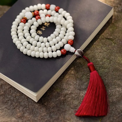 A long white jade Bodhi bead bracelet with 6x8mm beads, shown in various style options including cloisonne and lotus designs.