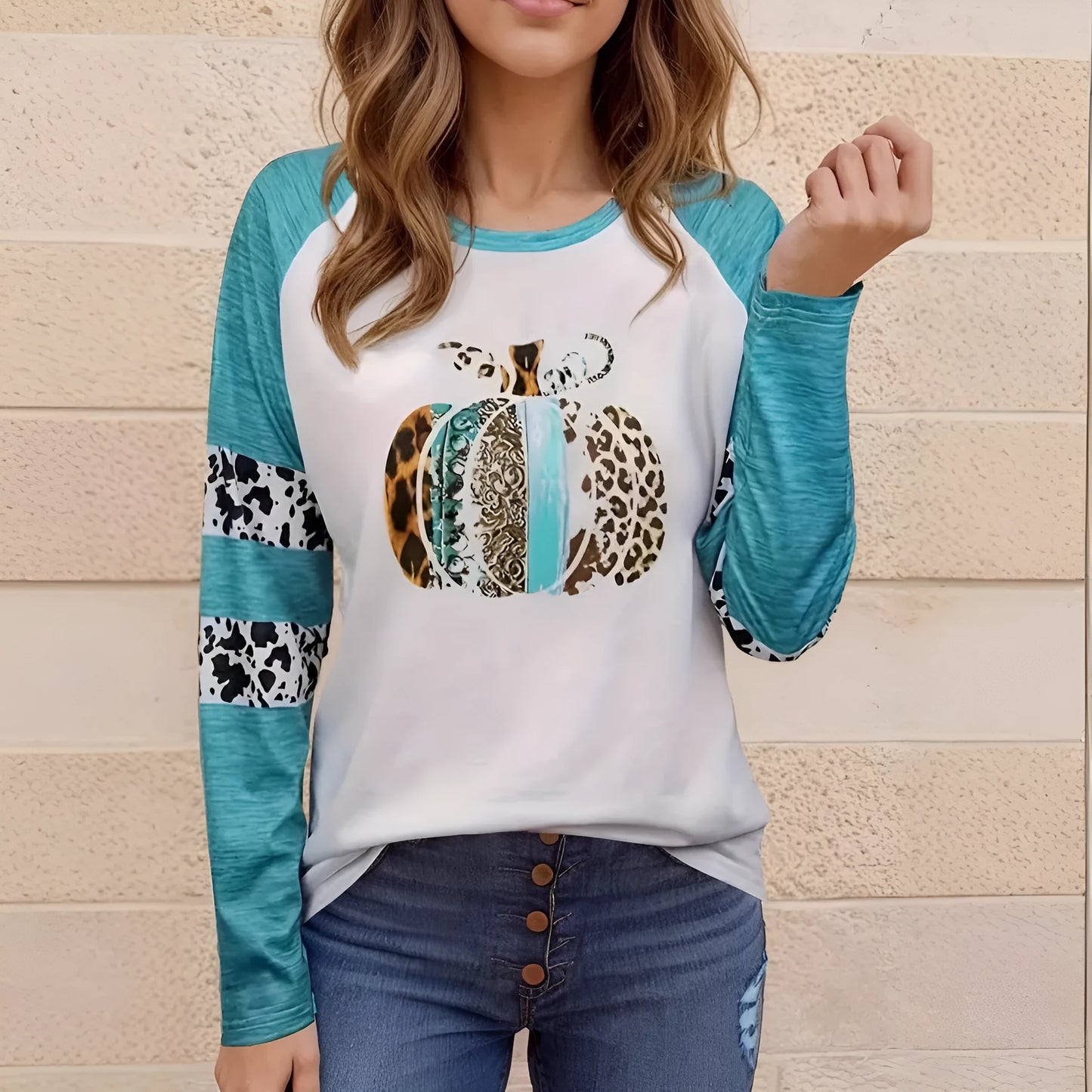 Sky blue Halloween pumpkin 3D printed polyester T-shirt with long sleeves