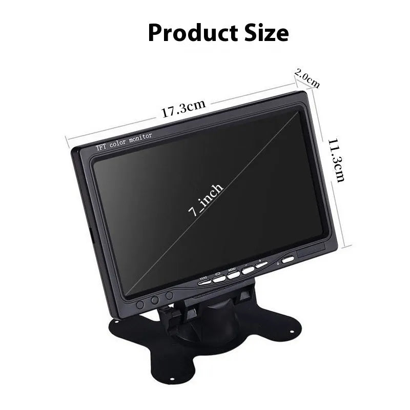 7-inch car monitor and reversing display with camera and video cable, TFT screen, ABS housing, desktop or rearview mirror fitting.