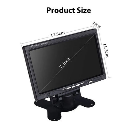 7-inch car monitor and reversing display with camera and video cable, TFT screen, ABS housing, desktop or rearview mirror fitting.