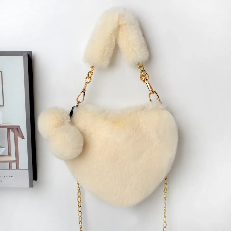Women's soft plush heart-shaped handbag with shoulder strap in multiple solid colours