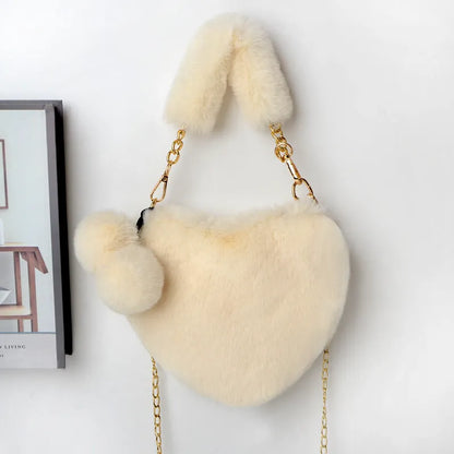 Women's soft plush heart-shaped handbag with shoulder strap in multiple solid colours