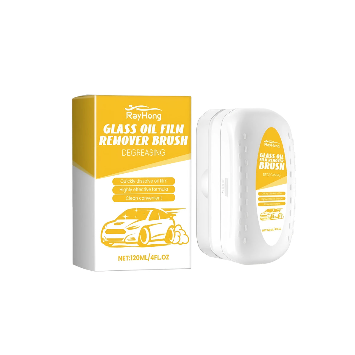 Glass oil film remover brush with 120ml bottle and 7.2cm by 10.5cm cleaning brush for windscreens and windows