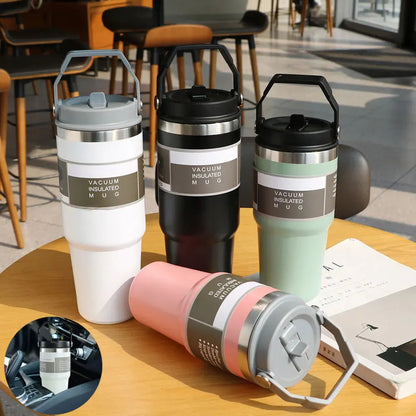 30 oz stainless steel insulated travel tumbler with handle cover in dark pink colour