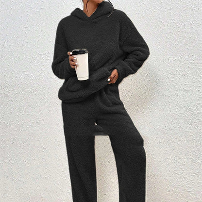 Fleece-lined hooded long sleeve trousers with dimensional patch pockets in black, emerald, light gray, caramel, and apricot
