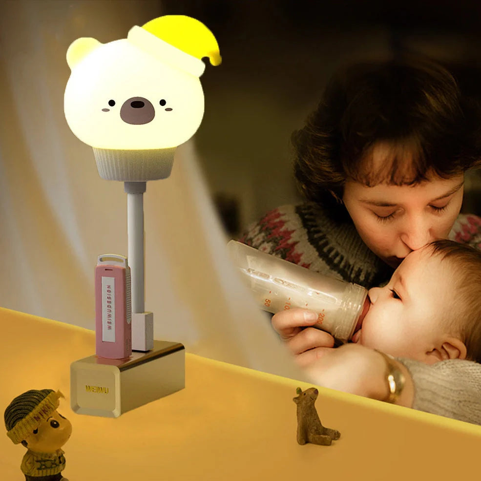 USB portable LED night light with cartoon animal design showing three brightness levels and remote control