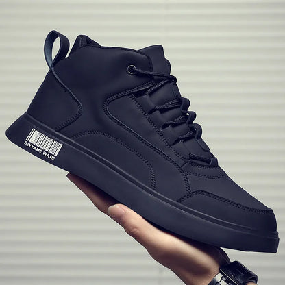 White mid-top sports board shoes for men with round toe, flat 1-3cm heel, and rubber sole