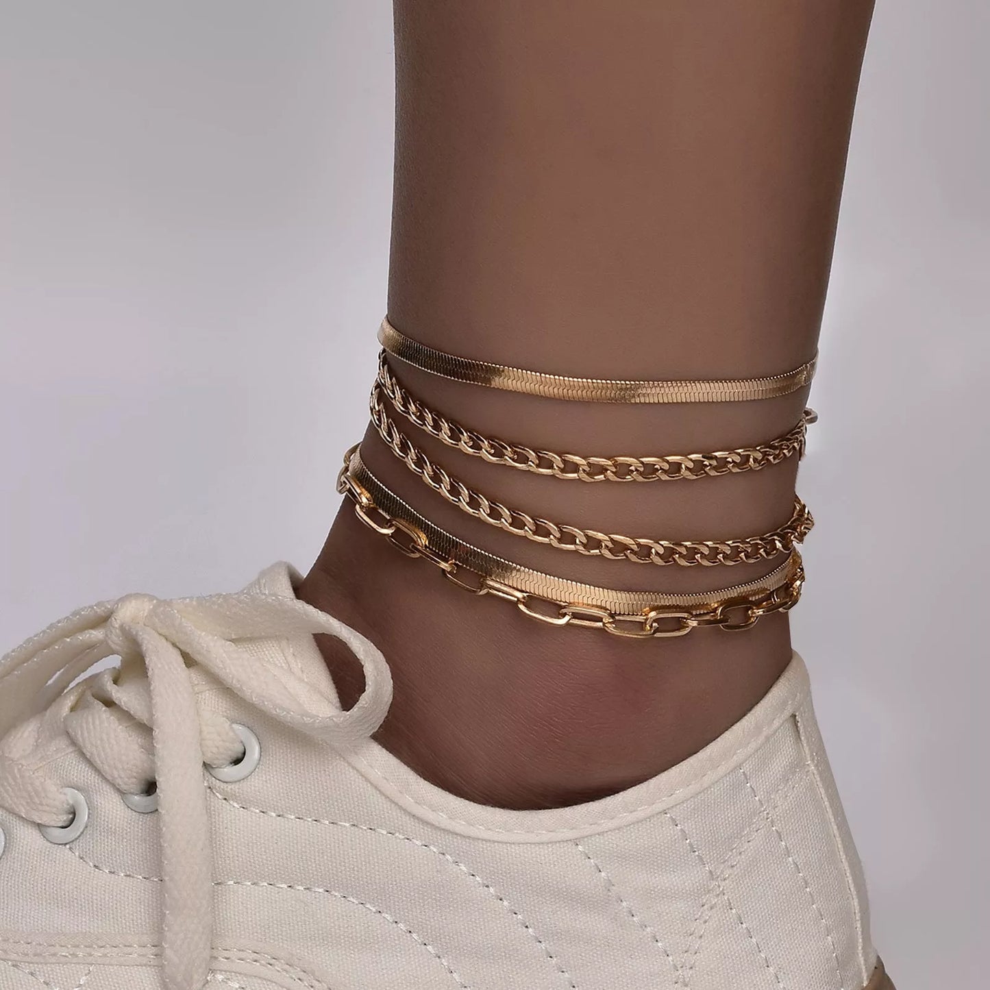 Women's fashion multi-layer metal chain anklet set in gold and silver
