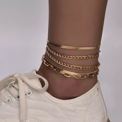 Women's fashion multi-layer metal chain anklet set in gold and silver