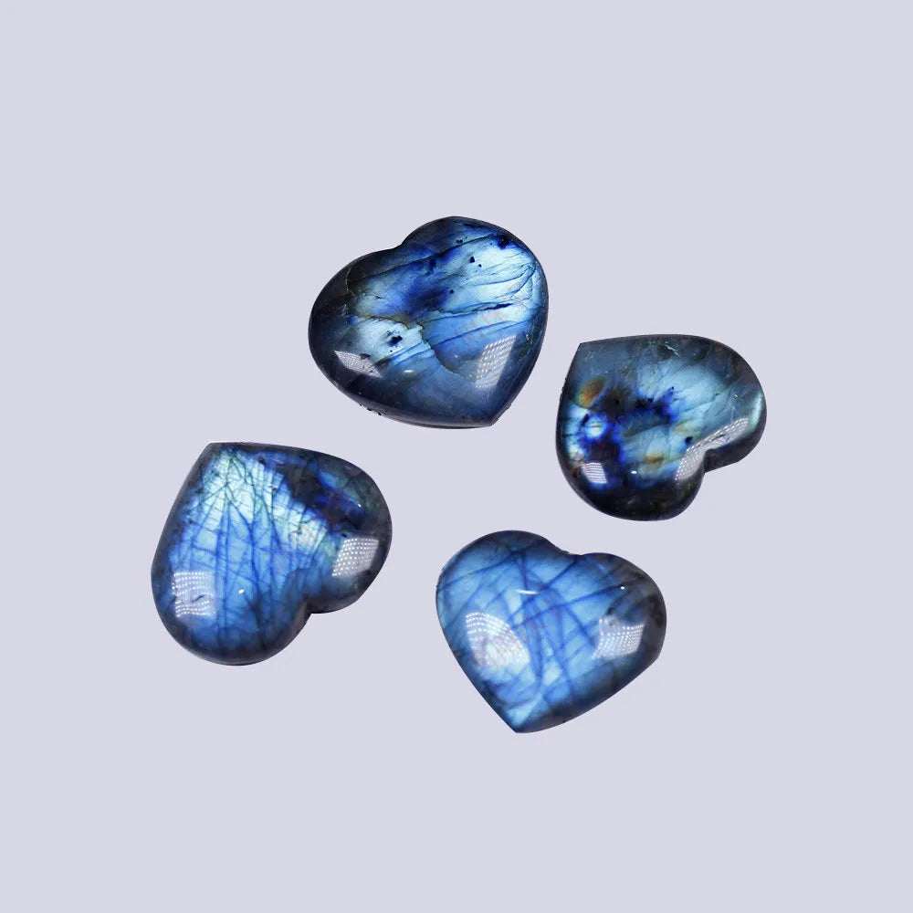 Natural pulled feldspar geometric heart pendant in ocean blue moonlight colours showing size variations