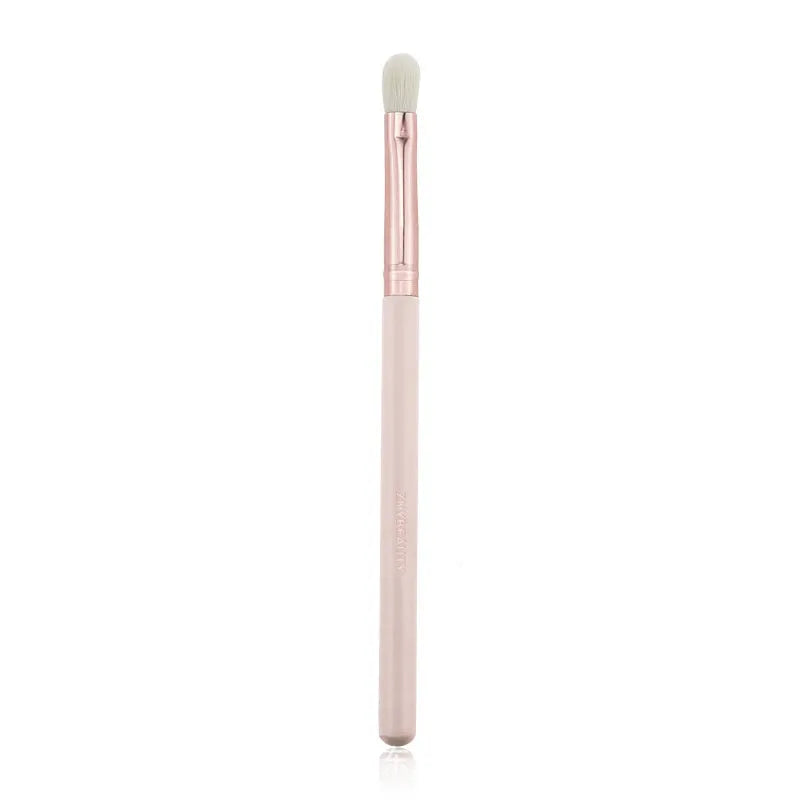26 pink makeup brushes with wool bristles and wooden handles arranged in a PU zip bag.