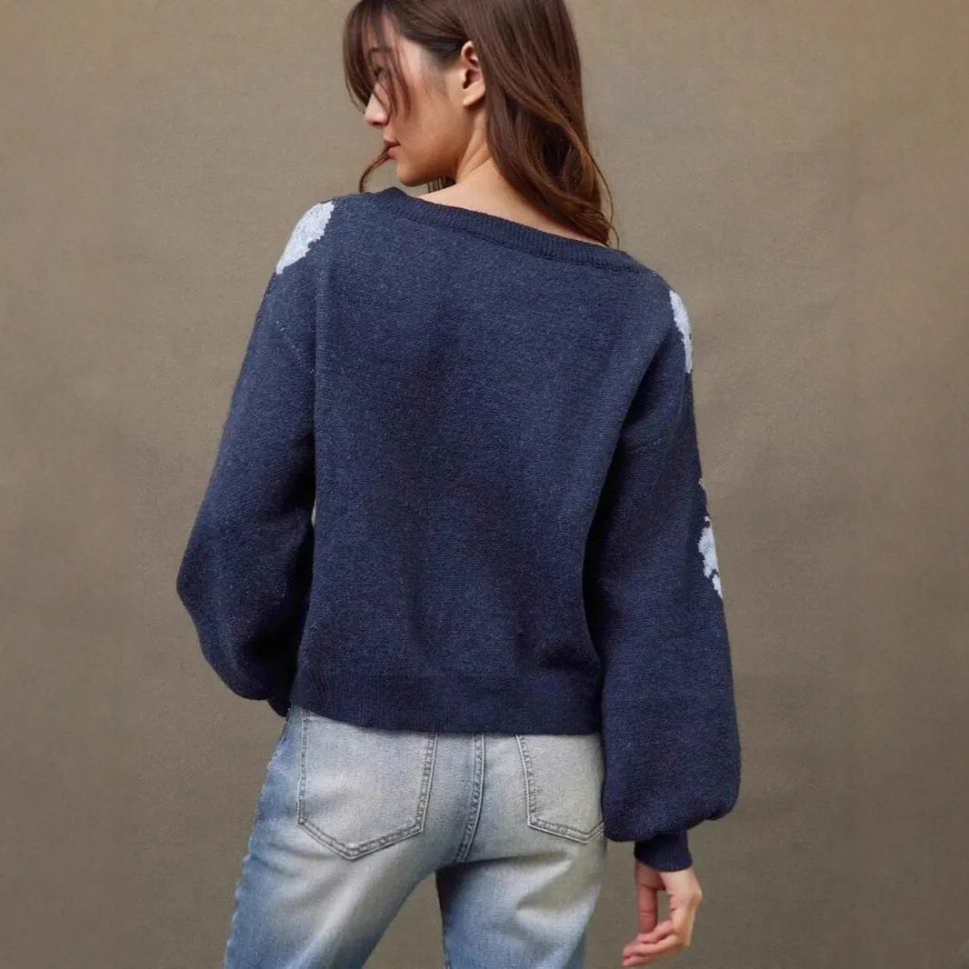 Sapphire blue women's off-neck pullover with woven floral jacquard pattern, loose fit with 50cm length