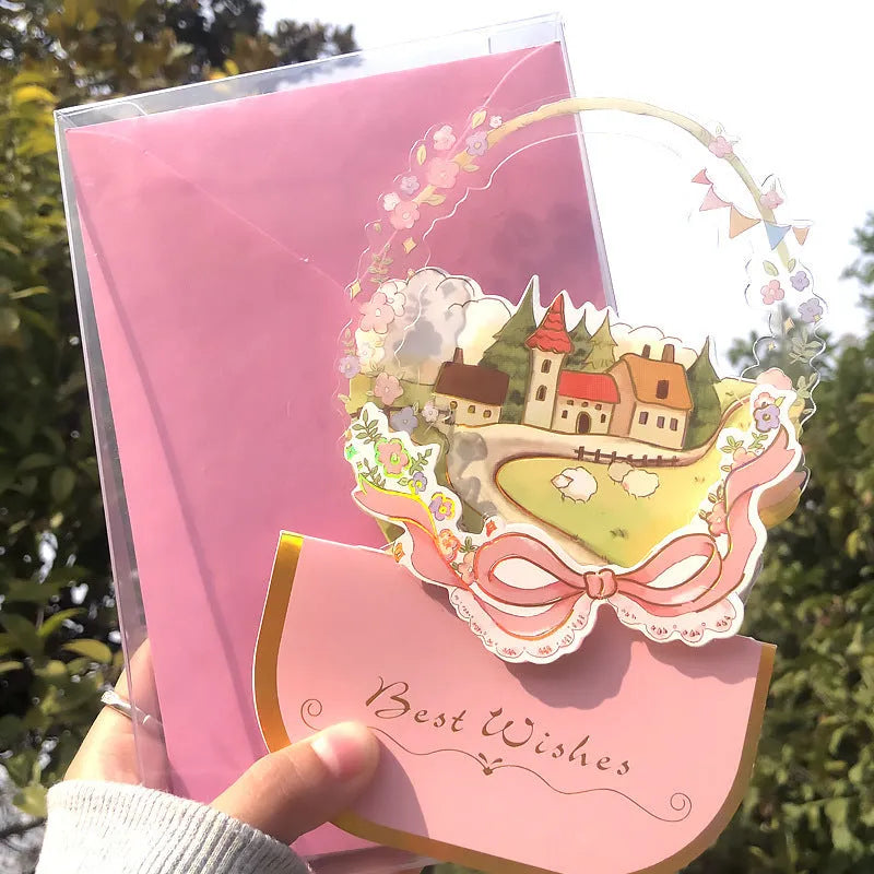 Handmade 3D pop-up greeting card with butterfly shape showing artificial flowers and hot stamping details