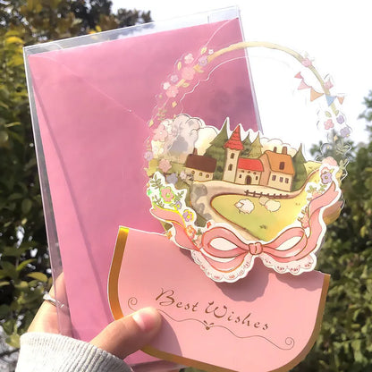 Handmade 3D pop-up greeting card with butterfly shape showing artificial flowers and hot stamping details