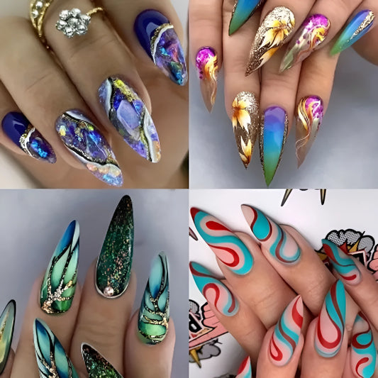 Almond-shaped rainbow nail stickers with colourful lines in four colour options