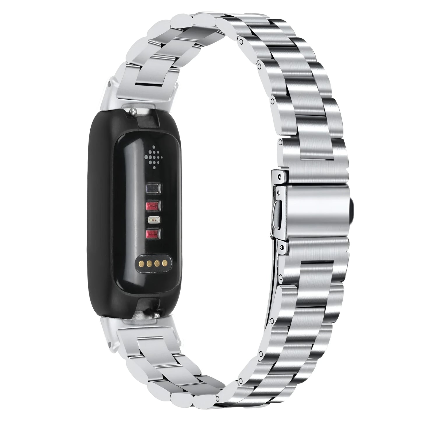 Three-bead stainless steel watch strap for Fitbit Inspire 3 in rose gold on a wrist