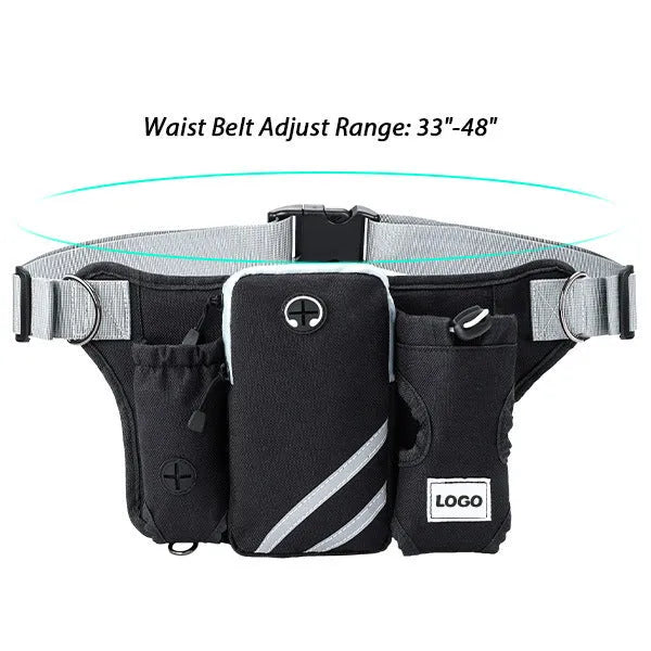 Black nylon outdoor pet training waist bag and dog leash set on waist