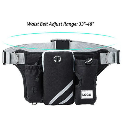 Black nylon outdoor pet training waist bag and dog leash set on waist