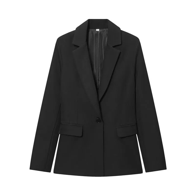 Women's slim-fit two-piece suit set with long-sleeve button jacket and flared pants in black, grey, pink, or apricot, sizes XS to L