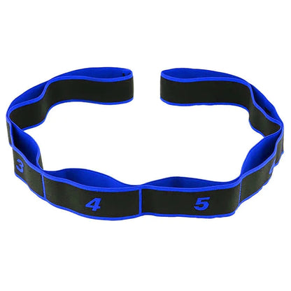 Blue multi-section yoga stretch strap for Pilates and dance exercises on a wooden floor