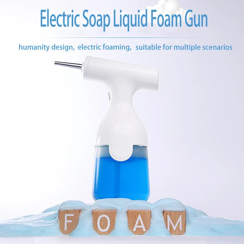White electric automatic foam dispenser gun on a bathroom counter next to a sink