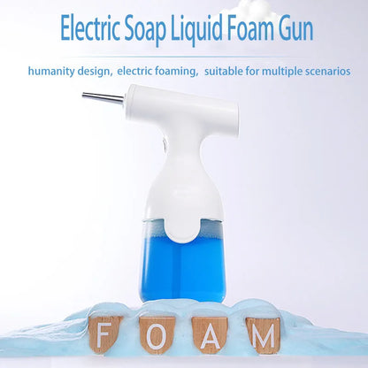White electric automatic foam dispenser gun on a bathroom counter next to a sink