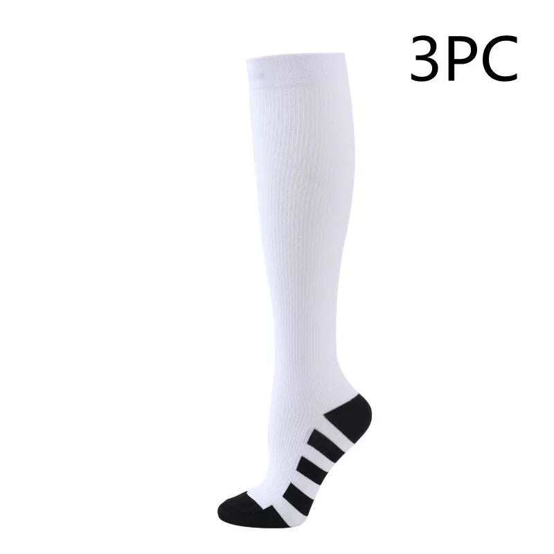 Athletic compression socks with three-bar design in black, pink, and white