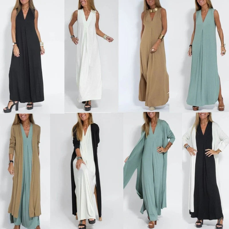 Women's V-neck sleeveless dress and long cardigan jacket set in solid colors
