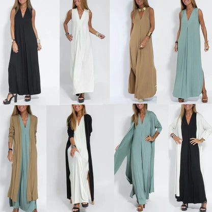 Women's V-neck sleeveless dress and long cardigan jacket set in solid colors