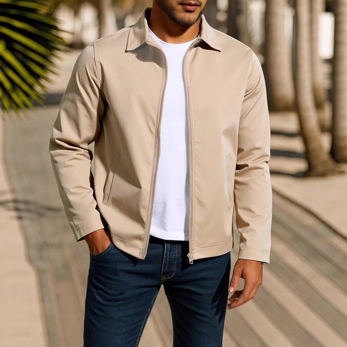 Men's green zipper cardigan jacket with raglan sleeves laid flat.