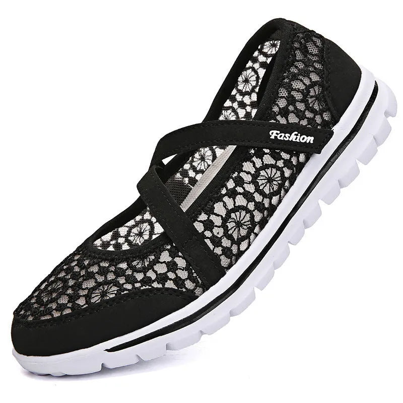 Women's casual lace-up flat shoes summer mesh breathable round toe shoes in multiple colours including black, blue, light purple, light grey, and beige with sweet sewing line style details