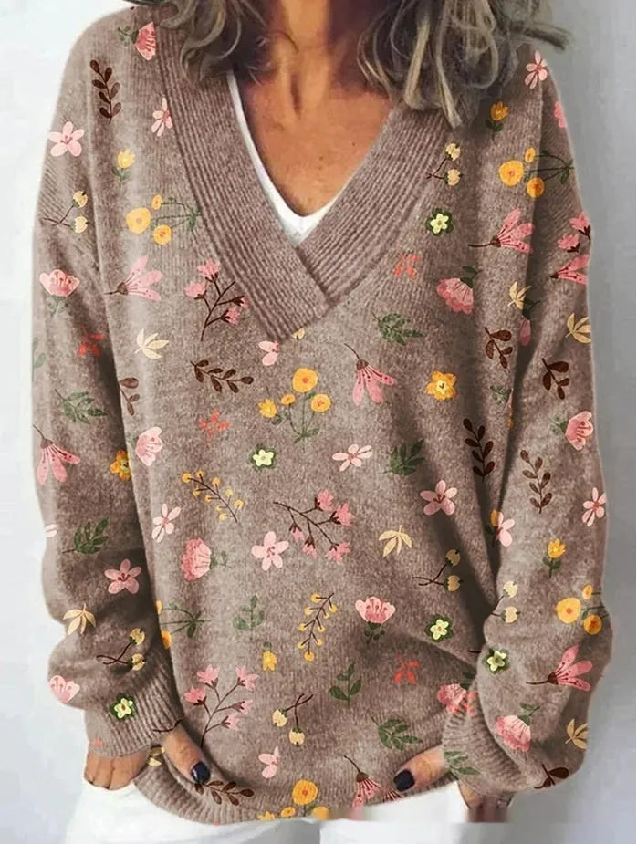Women's V-neck long sleeve sweatshirt with a 3D floral print pattern in art retro style.