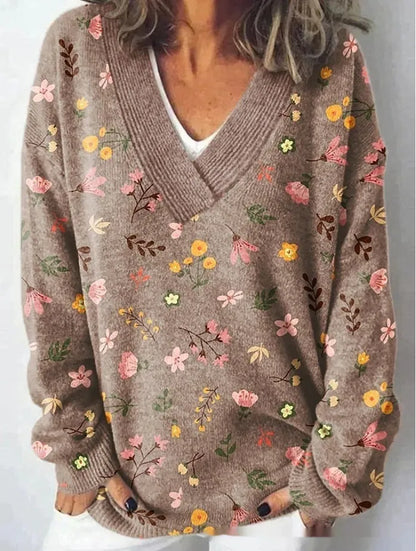 Women's V-neck long sleeve sweatshirt with a 3D floral print pattern in art retro style.