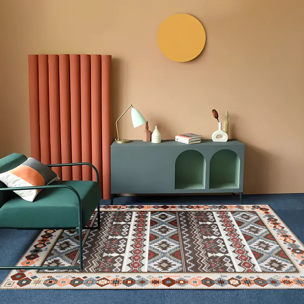 Rectangular boho-style polyester rug in various colours and sizes, machine-woven for consistent texture