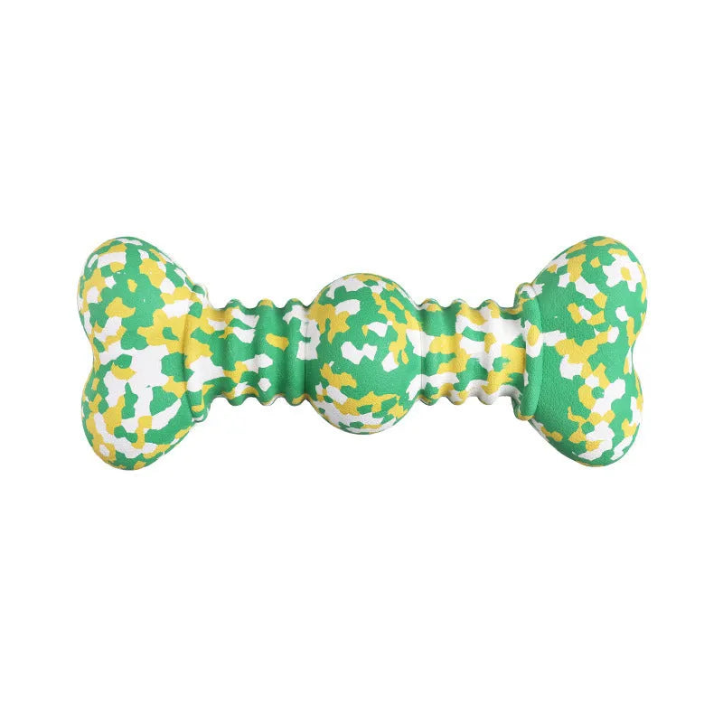 Natural rubber dog chew toy with camouflage design for aggressive chewers, USDA organic certified, in green, white, and yellow colours.