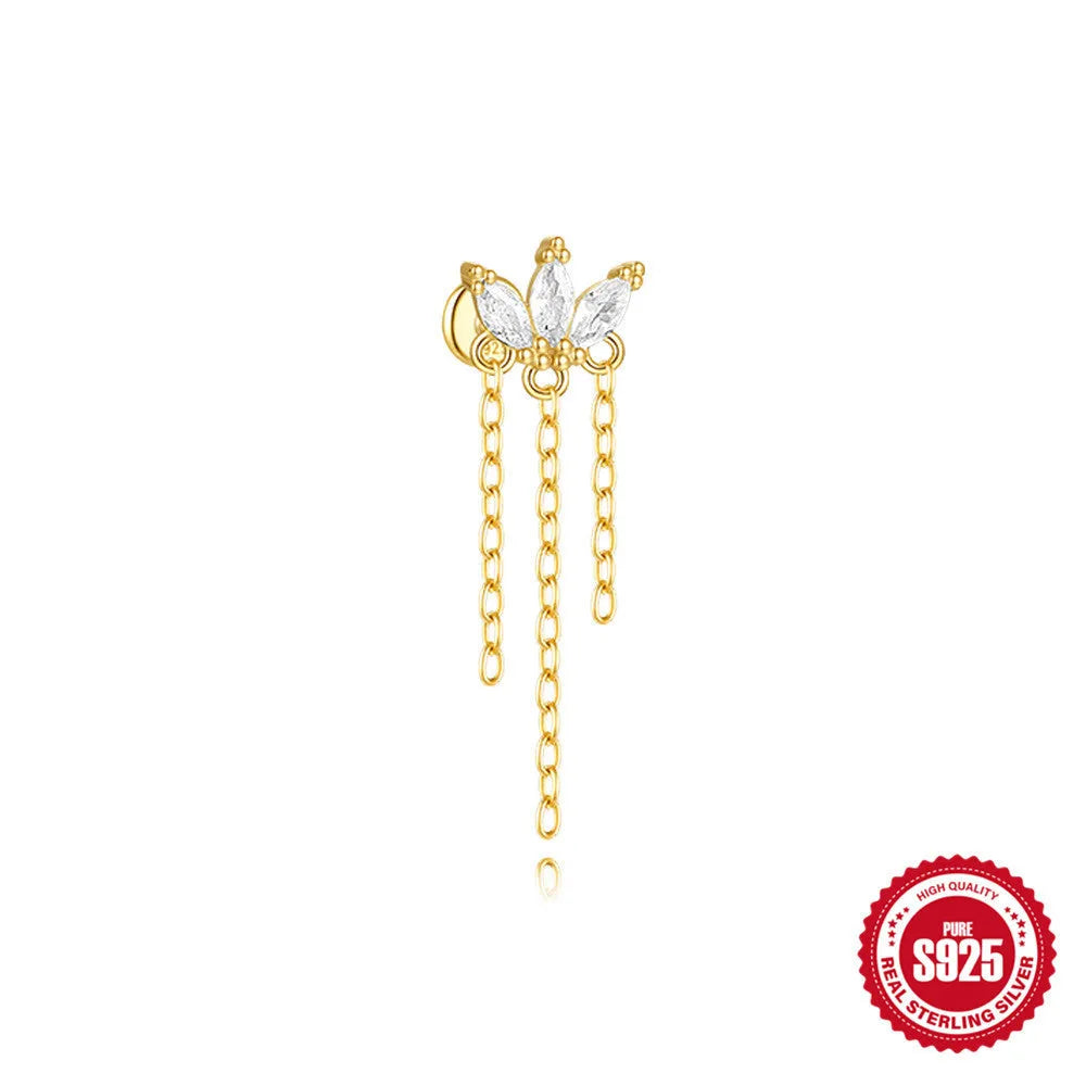 S925 sterling silver geometric kite earrings with rhinestone chain tassel in gold plating