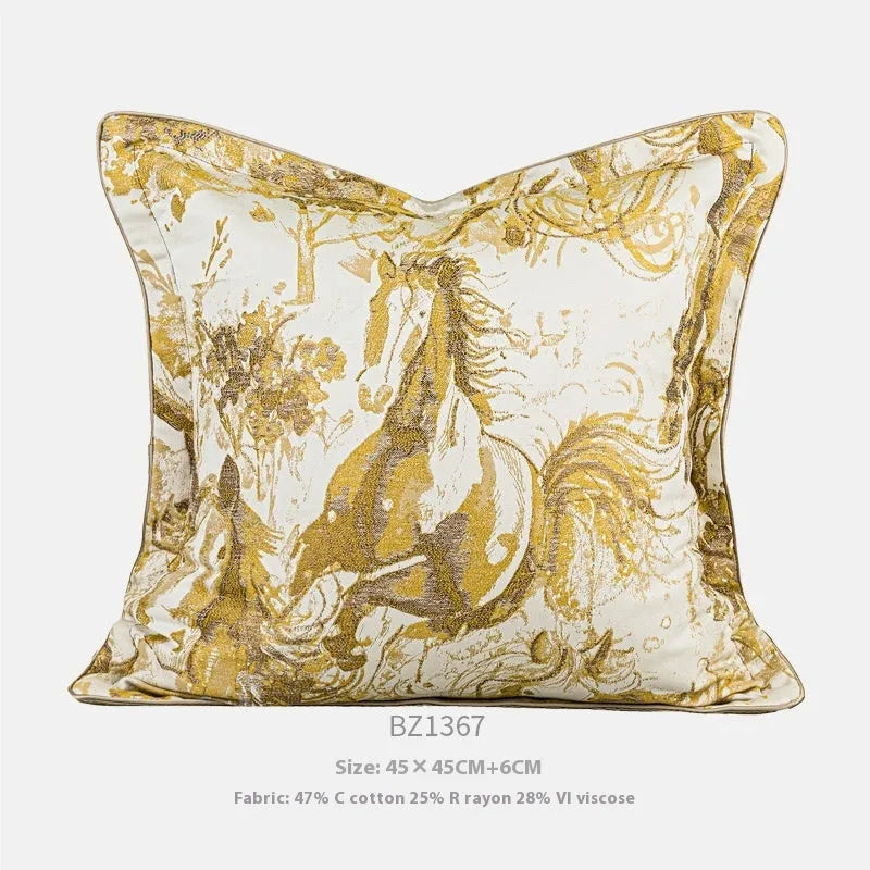 Golden horse pattern jacquard cushion in square and waist sizes with three colour options