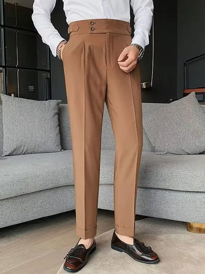 Retro high waist straight-leg casual trousers in a neutral colour, shown on a model.