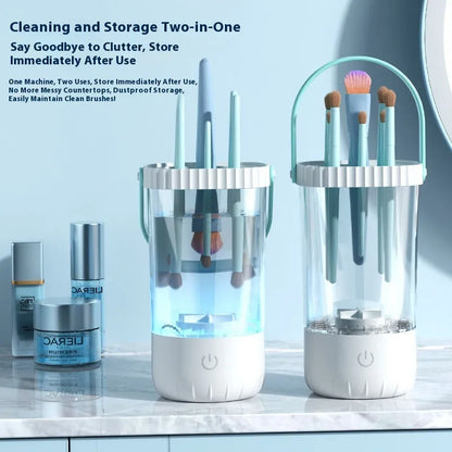 White rechargeable electric makeup brush cleaning device with USB cable, measuring 24cm length