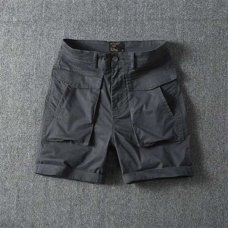 Men's straight-leg cargo shorts in Army Green with multiple pockets, showing micro-elastic cotton fabric detail