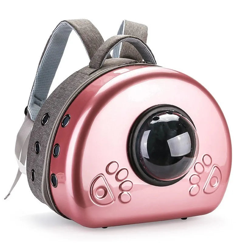 Transparent space capsule cat carrier with metallic front cover in choice of rose gold, silver, or champagne gold