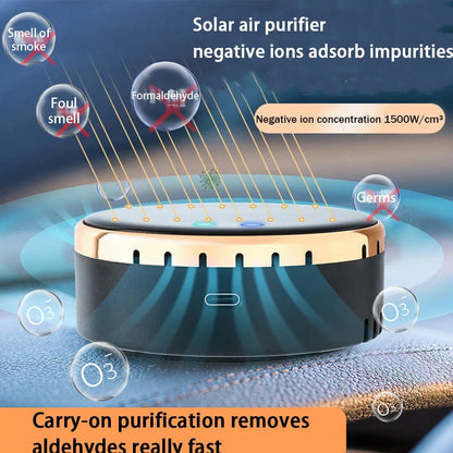 Black solar-powered car humidifier mounted on air conditioning vent with water mist visible