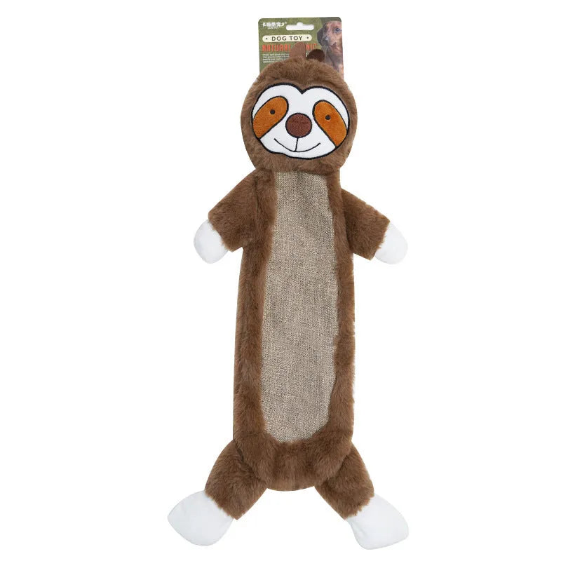 No stuffing crinkle dog toys showing rabbit and sloth plush designs for interactive canine play