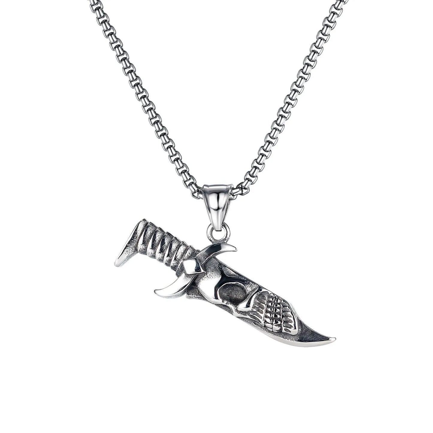 Men's silver stainless steel necklace with a detailed alloy skull pendant on a chain.