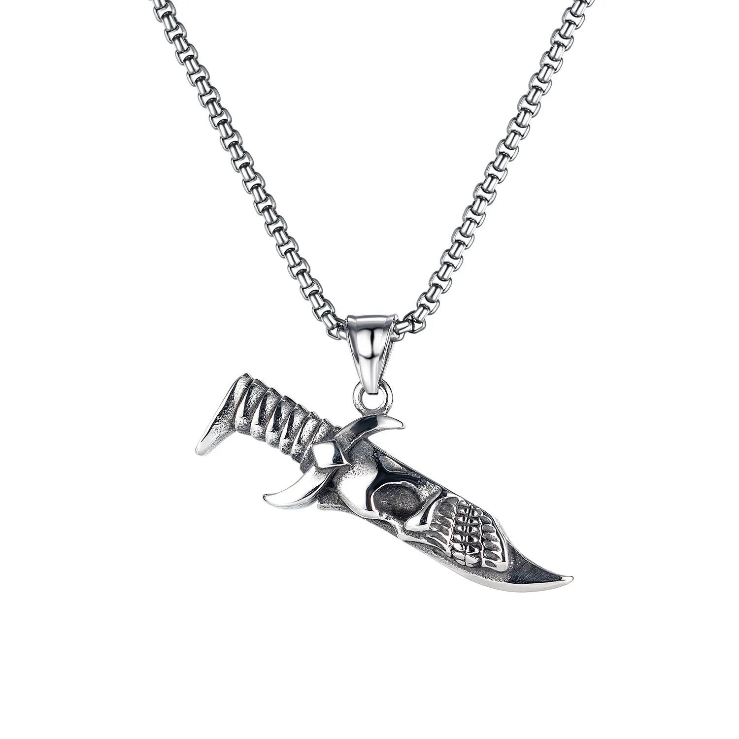 Men's silver stainless steel necklace with a detailed alloy skull pendant on a chain.