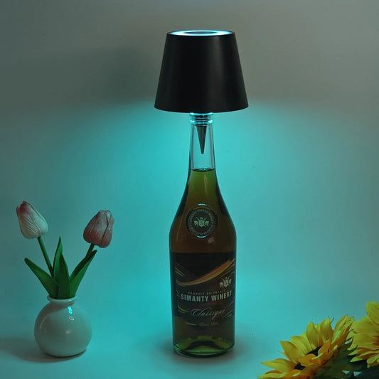 Wireless LED desk lamp with wine bottle design showing detachable components and touch control panel