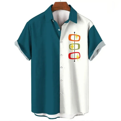 Man wearing a striped short-sleeve Hawaiian shirt with a button-up front in a casual setting.