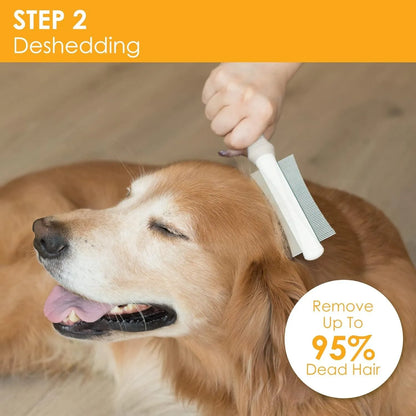 White 2-in-1 dog and cat deshedding brush with curved comb and anti-slip handle for grooming