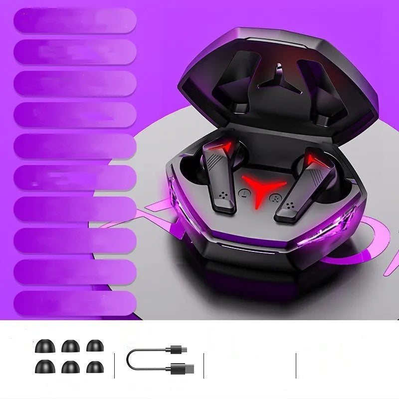 Black wireless Bluetooth gaming headset with earplug design and 10-metre transmission range