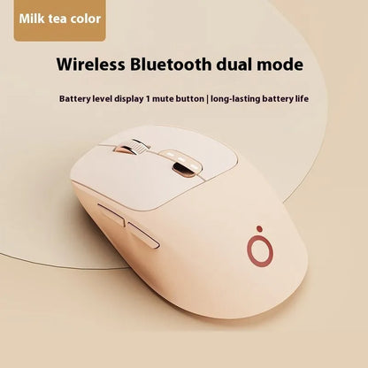 Mute wireless Bluetooth computer mouse in Matcha Green colour on a desk, showing its compact size and 5-button layout.